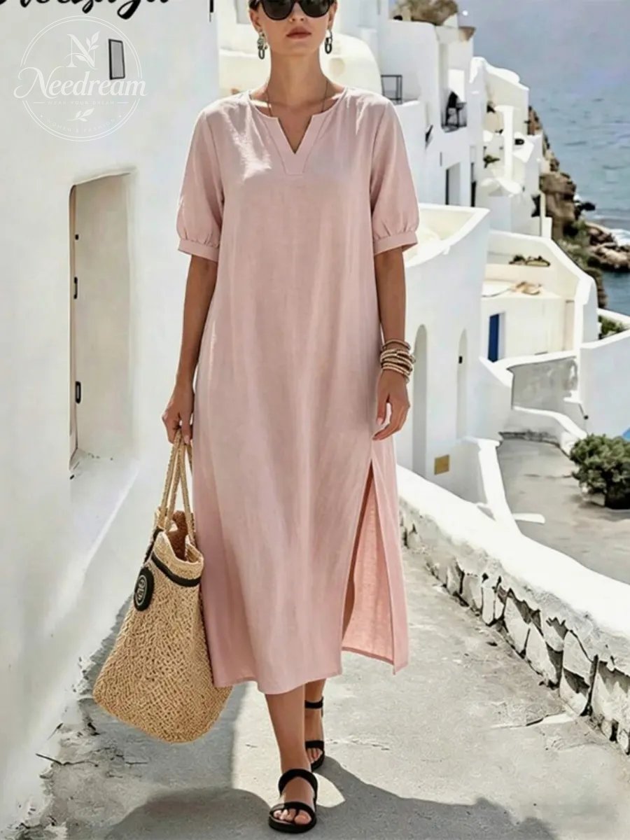 Women's Loose Fit V-Neck Dress with Side Slit