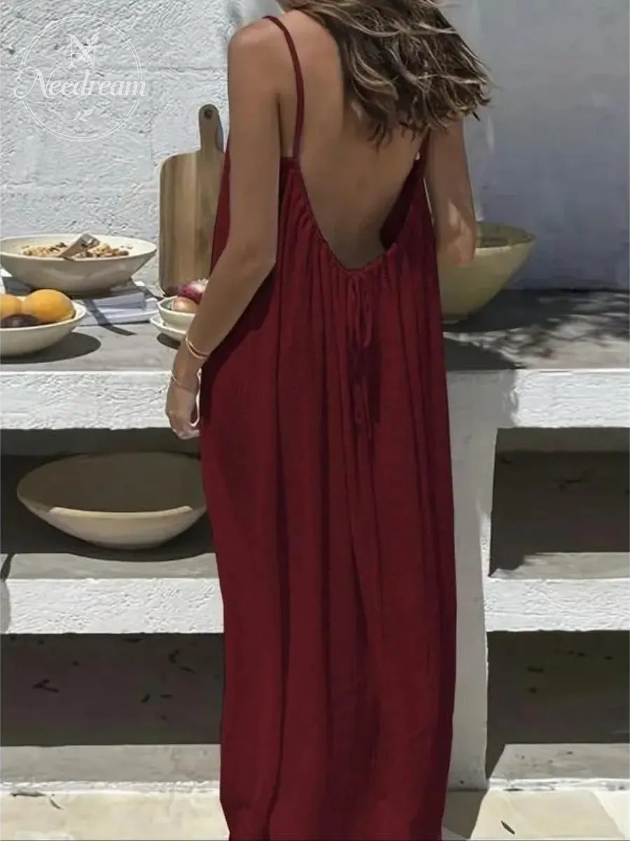 Women'S Solid-Color Camisole Loungewear, Elegant Sleeveless Maxi Dress