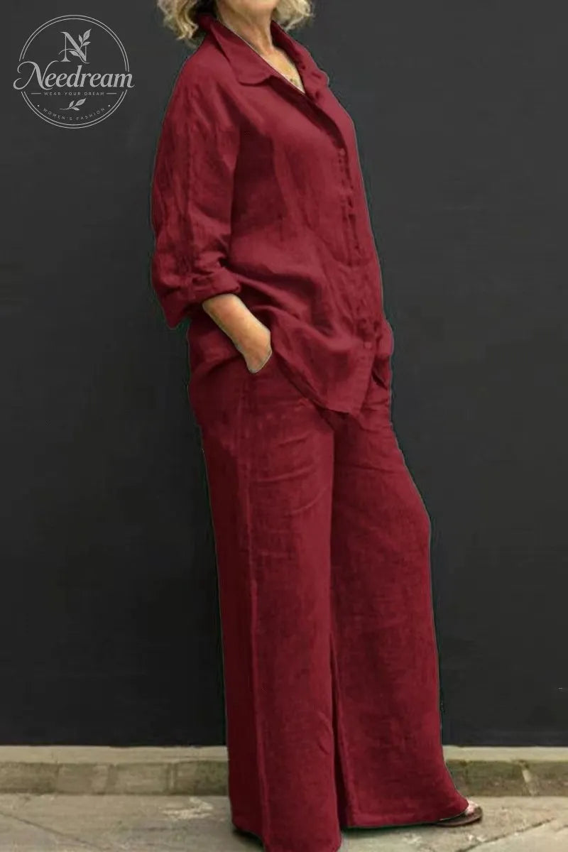 Women Linen Lapel Shirt Two Pieces Set Vintage Solid Long Sleeve Button Blouse and Loose Straight Pants Casual Suits