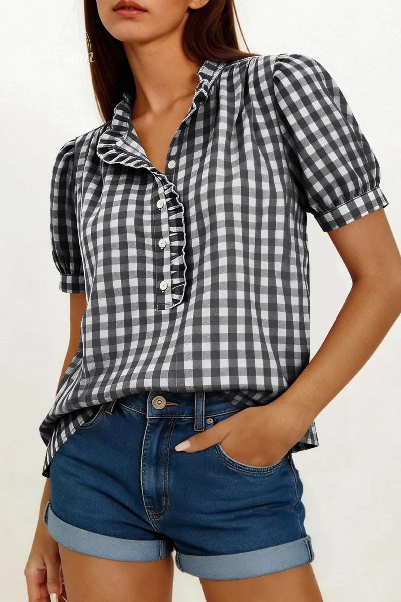 Women Puff Sleeve Plaid Blouses Dressy Casual Business Tops Ruffled Tirm Henley Shirts