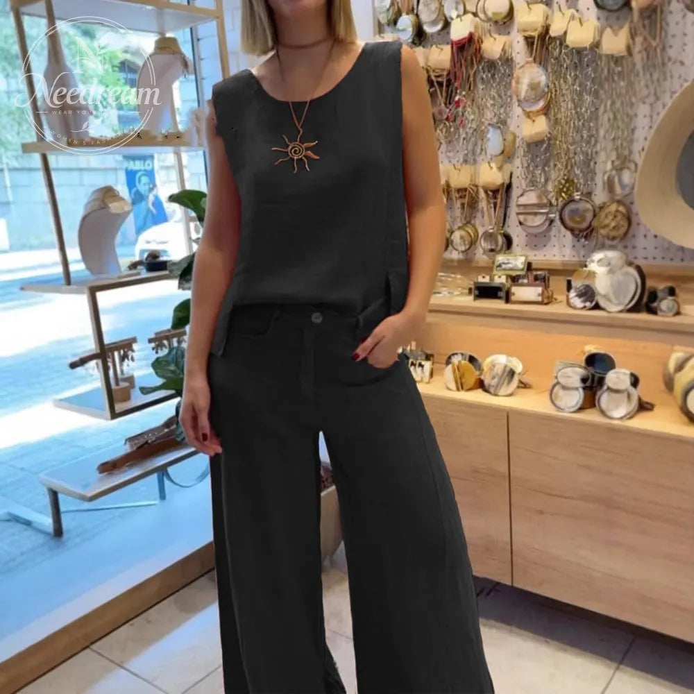 Women's Fashion Casual Surface Trim V-Neck Pants Suit Two-Piece Set