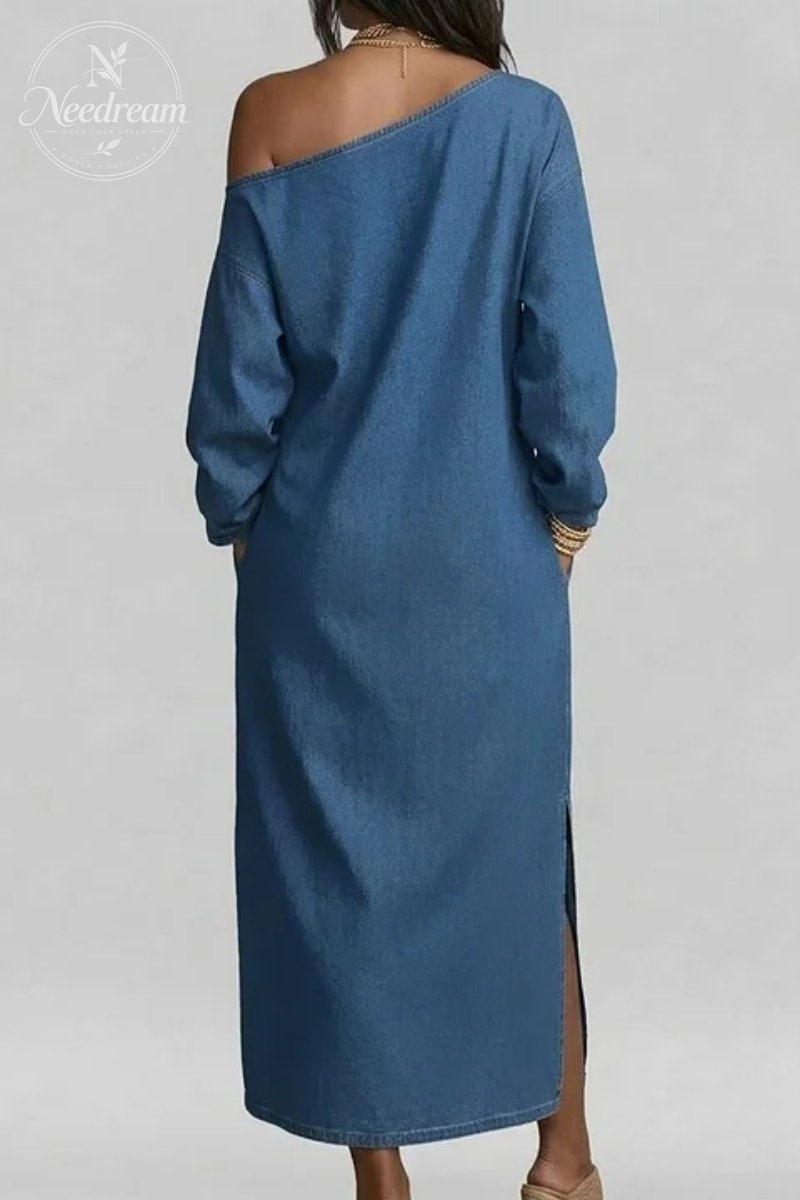 Women's Plain Pockets Oblique Collar Slit Loose Long Sleeve Maxi Dress