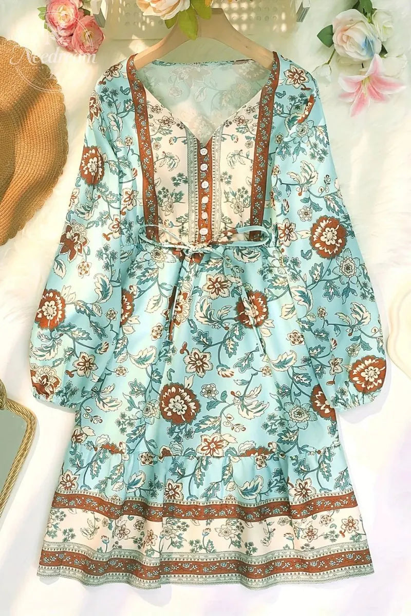 Women's Ethnic Floral Pattern Button Front Ruffle Hem Dress