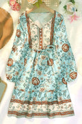 Women's Ethnic Floral Pattern Button Front Ruffle Hem Dress