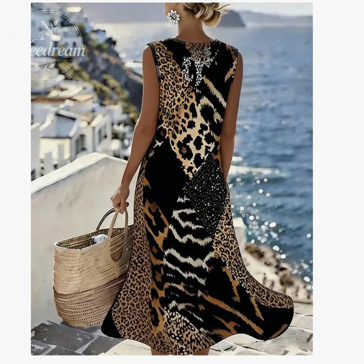 Patchwork Leopard Print Sleeveless Long Dress