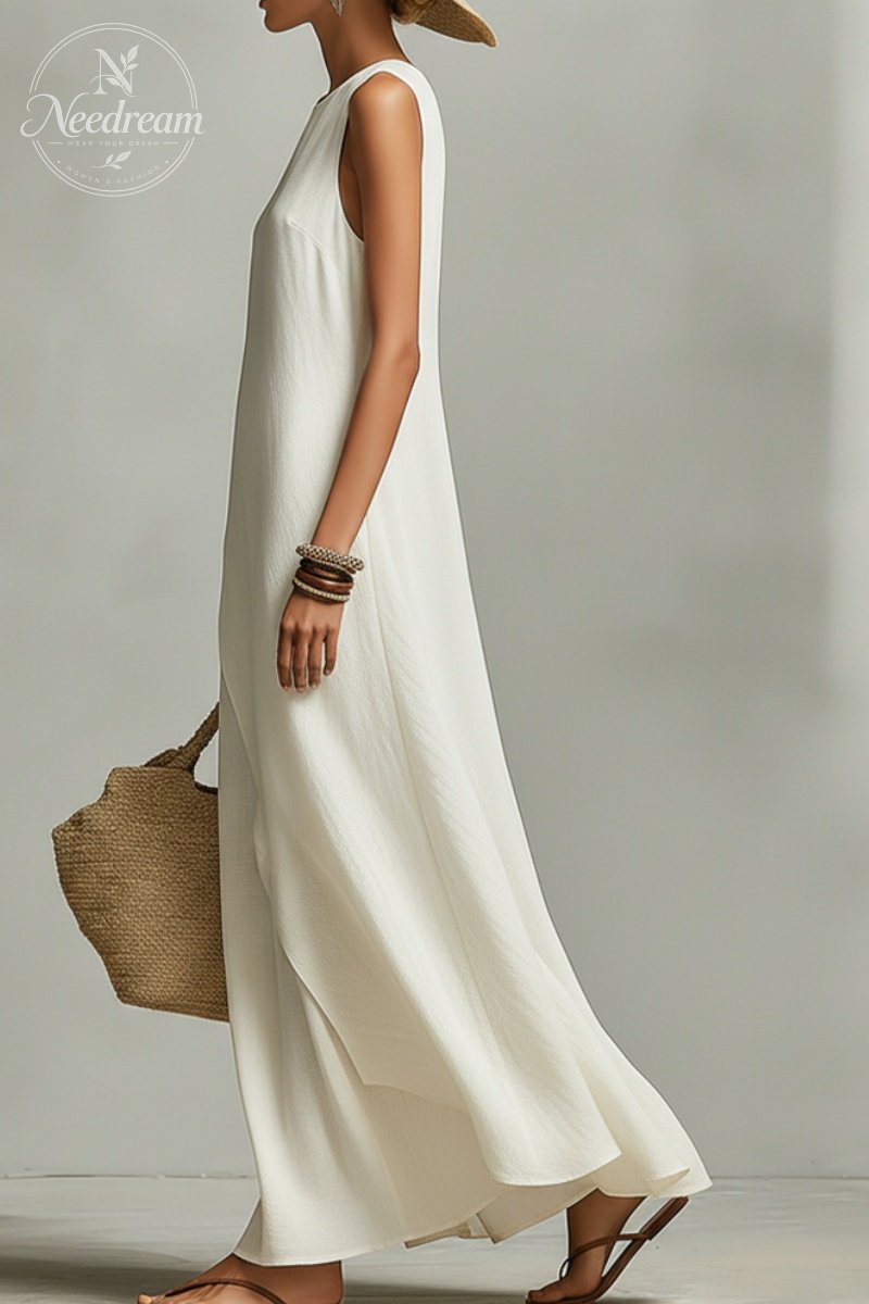 Women's Ivory Breathable Linen Dress With Sleeveless Detail & Asymmetric Hem, Contemporary Casual-Feminine Style Dress