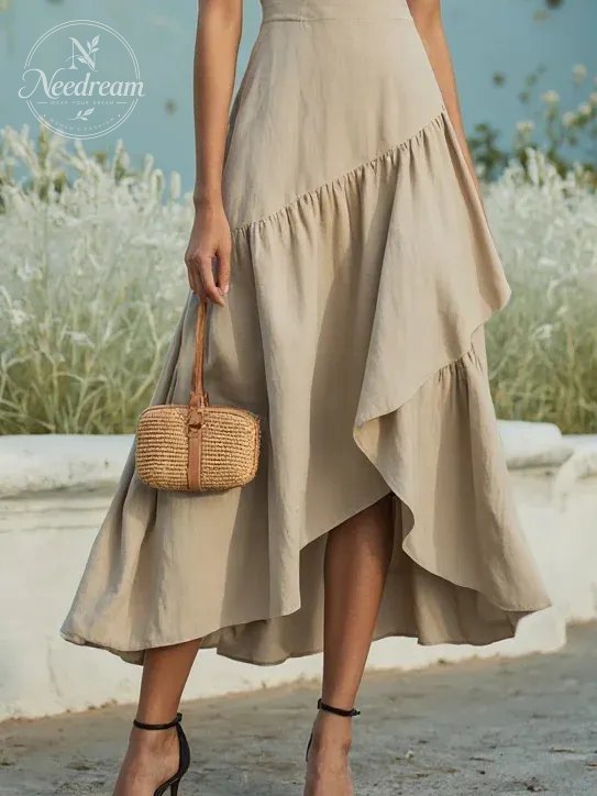 Maxi Cotton Dress , Sleeveless, Round Neck, Plain, Ruffles, French Vintage, Khaki
