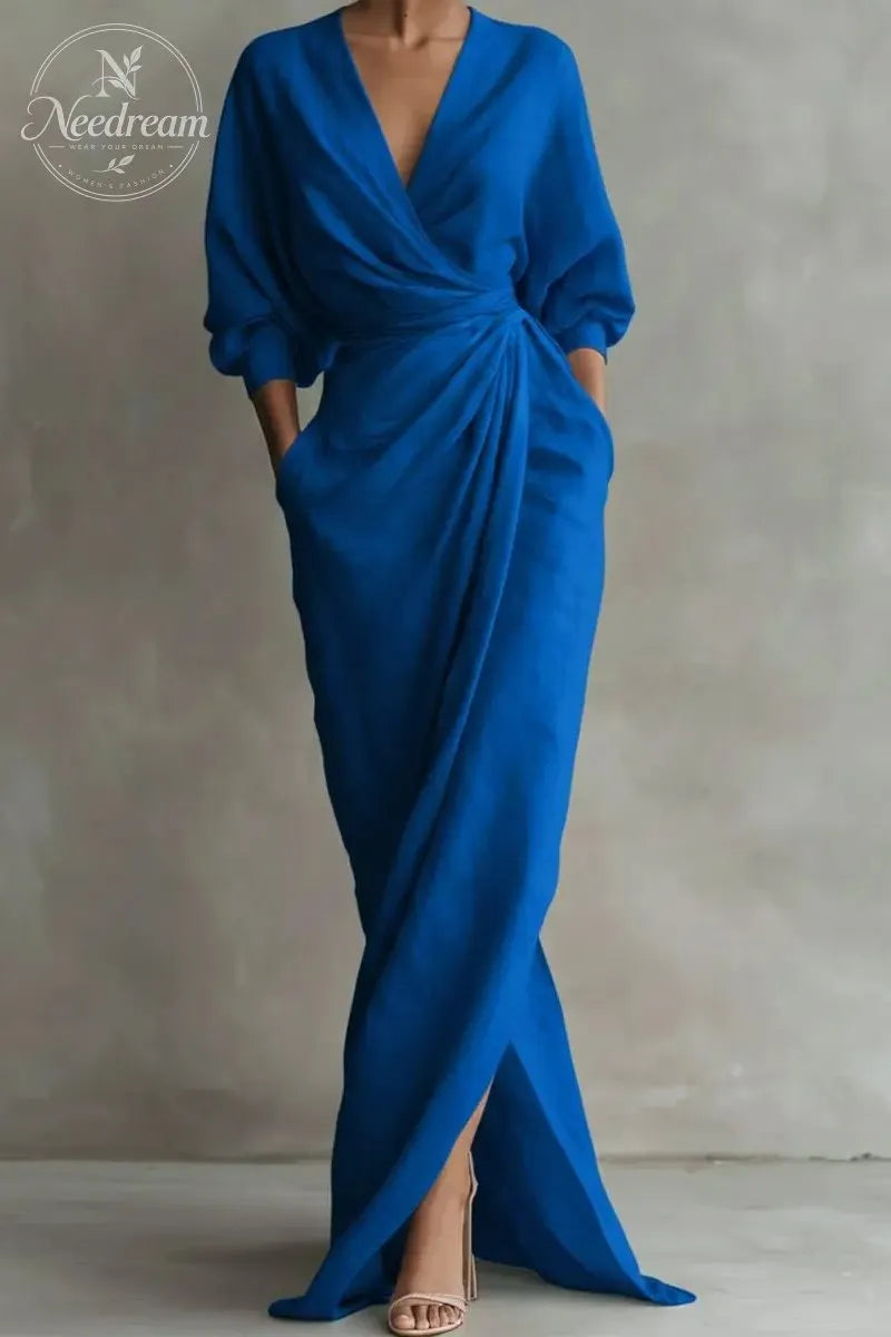 Women'S Pink Minimalist V-Neck Linen Blend Maxi Dress