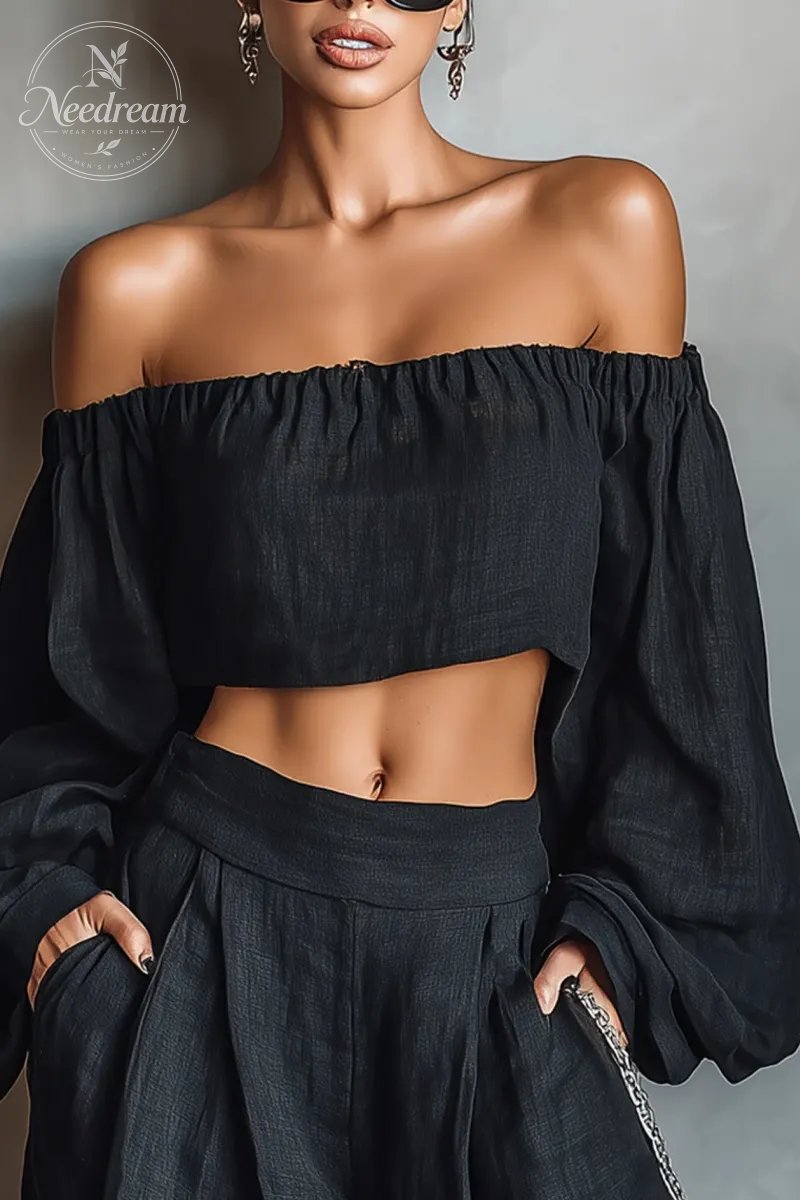 Women's Minimalist Linen Blend Strapless Long-sleeved Blouse And Wide-leg Pants Set