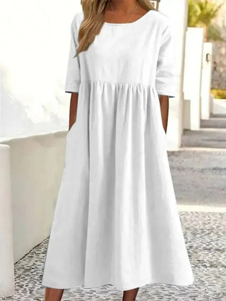 Women's Summer New Cotton and Linen Casual Short Sleeve Pocket Fold Loose Round Neck Dress