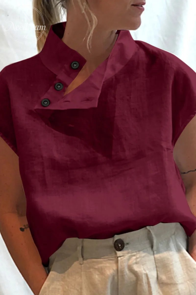 Womens Short Sleeve Breathable Turtleneck Blouse Casual Office Work Elegant Cotton Solid Shirt Tops