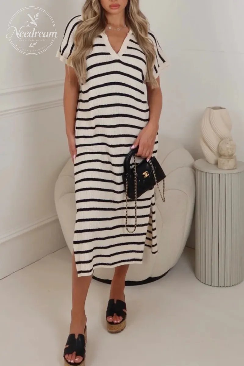 Womens Striped Summer Dresses Short Sleeve V Neck Knit Collared Sexy Slit Loose Maxi Sweater Dress