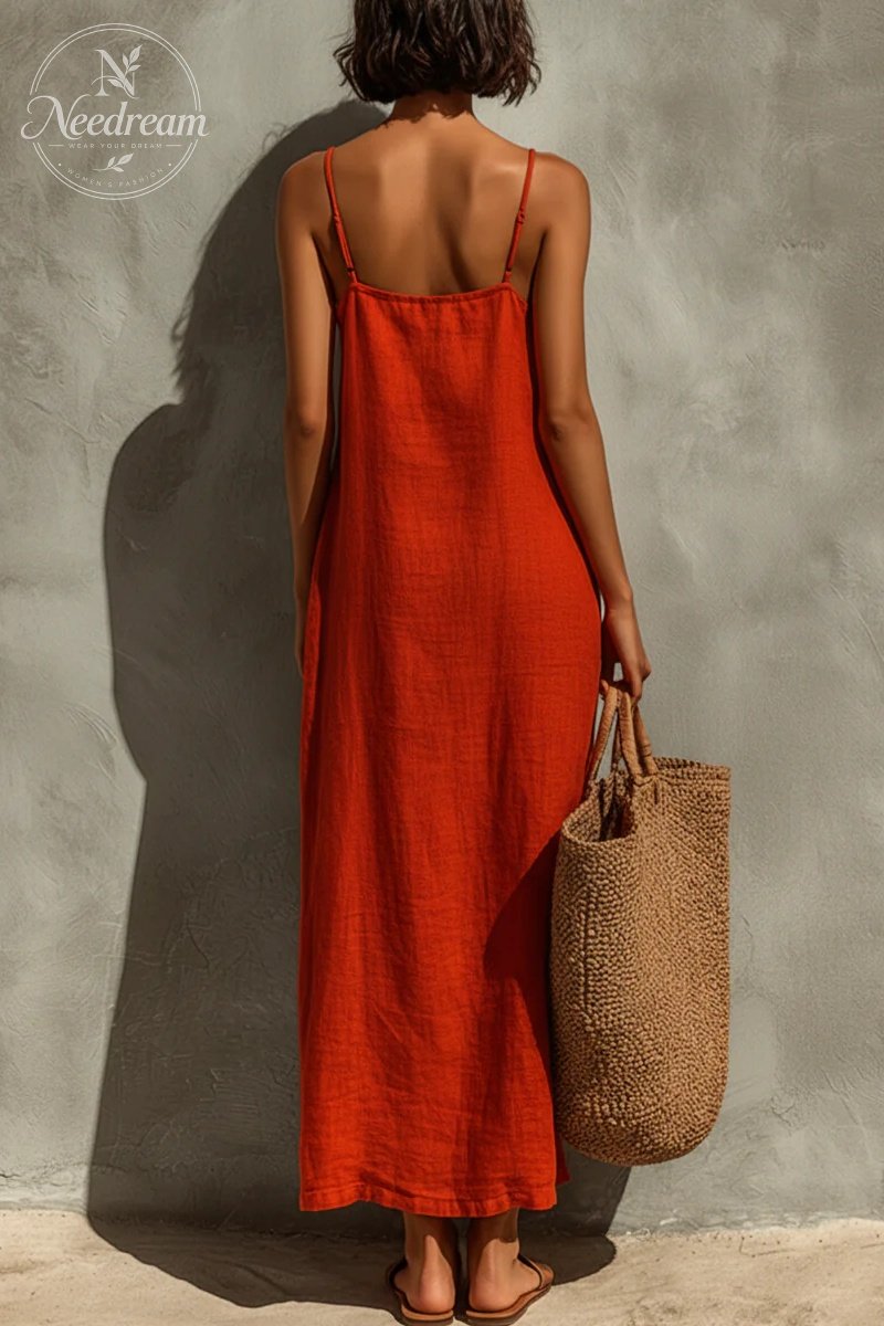 Women's Red Cotton Dress With Spaghetti Straps & Square Neck, Timeless Boho-Resort Style Dress