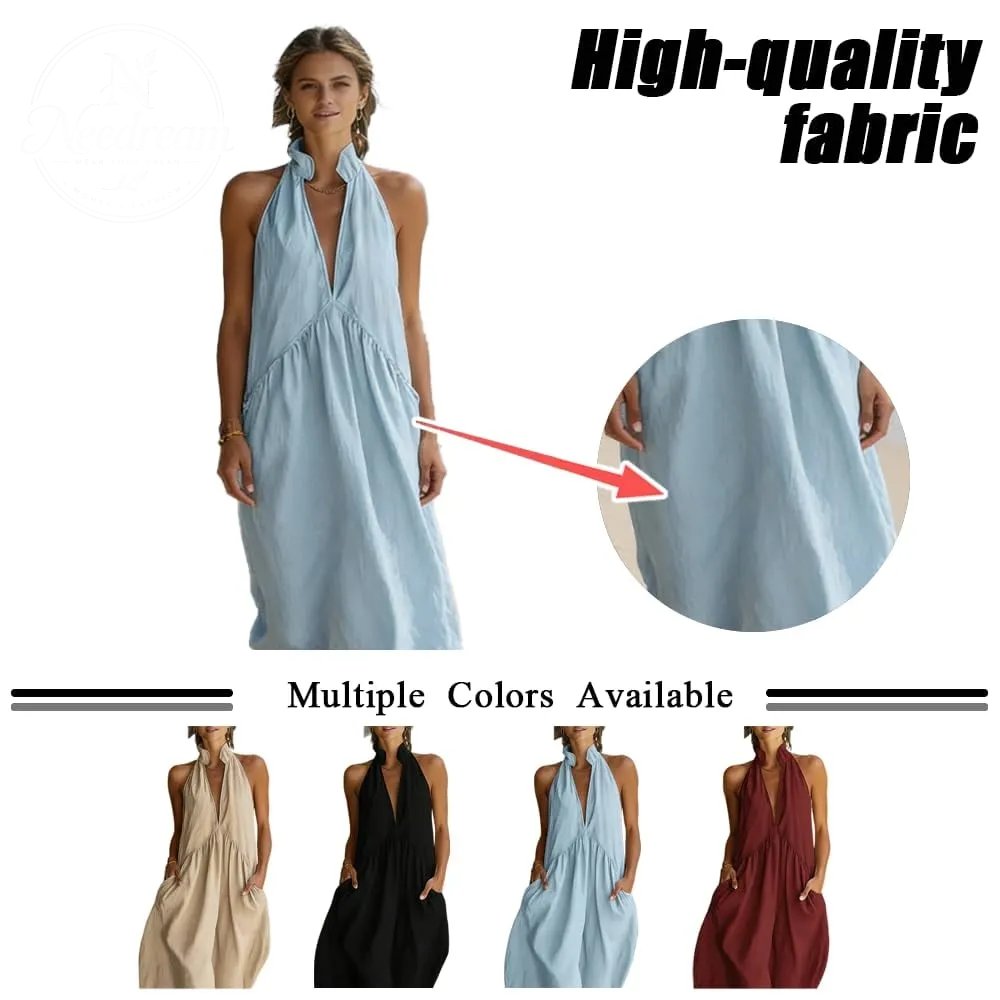 2026 Minimalist Halter Neck Maxi Dress | Casual Loose Fit Summer Dress with Pockets for Women