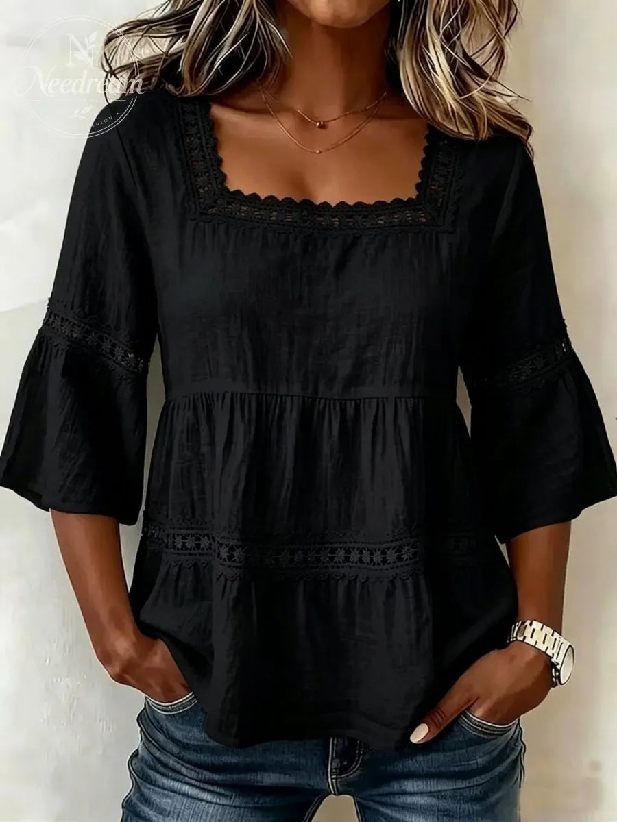 Women'S White Boho Blouse Crochet Lace Trim Bell Sleeve Tiered Flowy Top