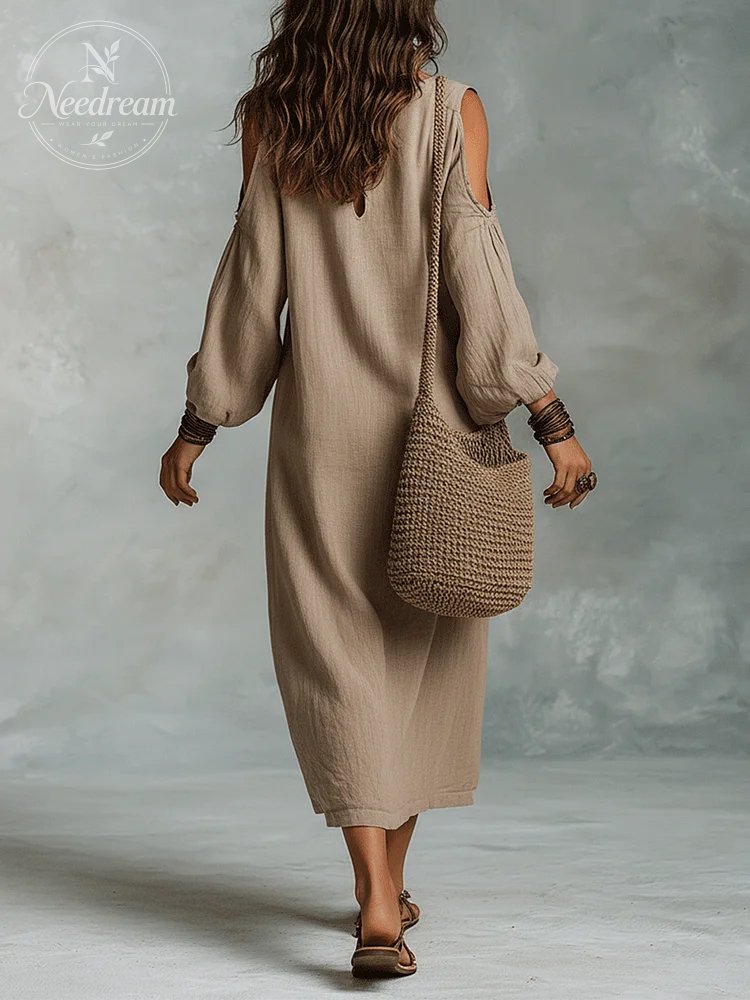 Relaxed Bohemian Cold-Shoulder Linen Midi Dress