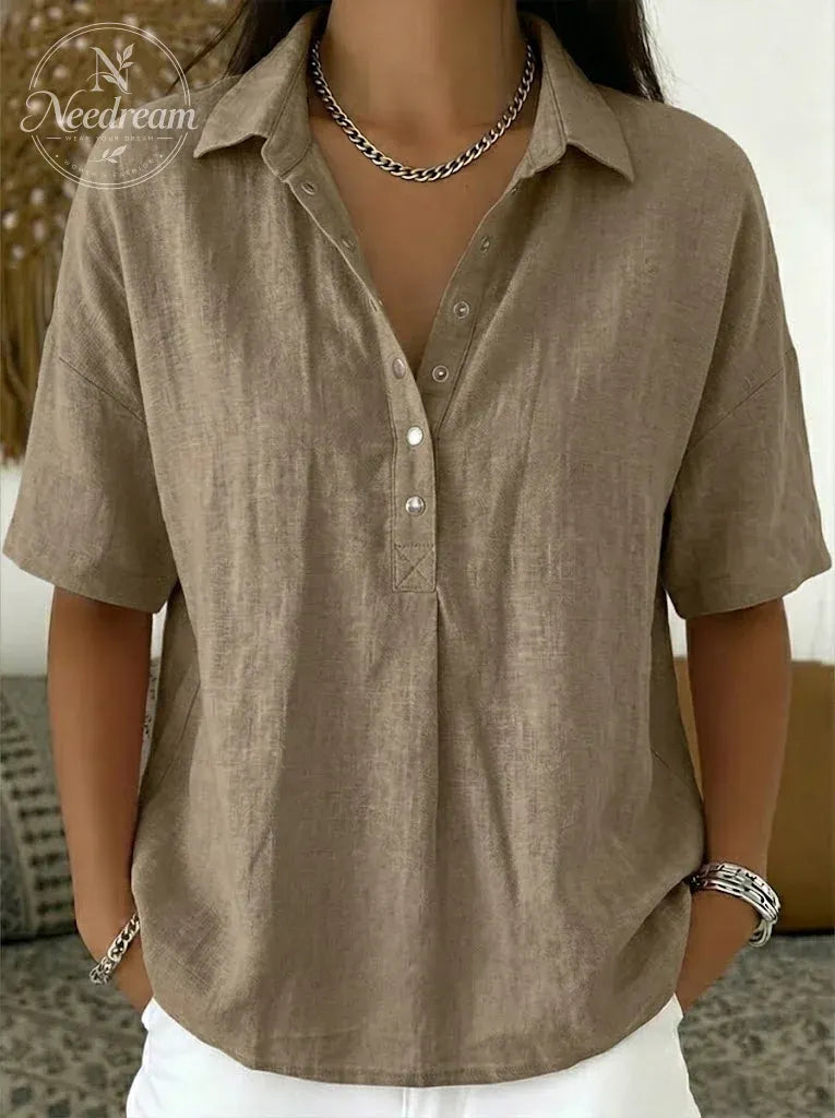 Women’s Cotton Linen Polo Shirt – Casual Short Sleeve Summer Top
