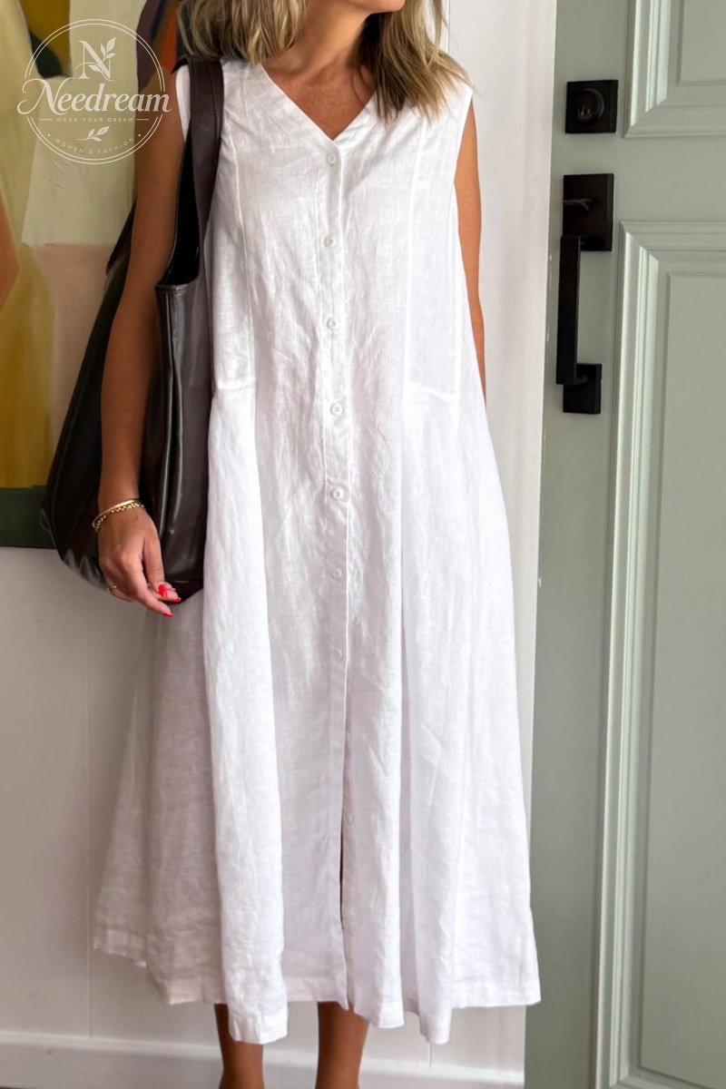 Through French Linen V-Neck Dress