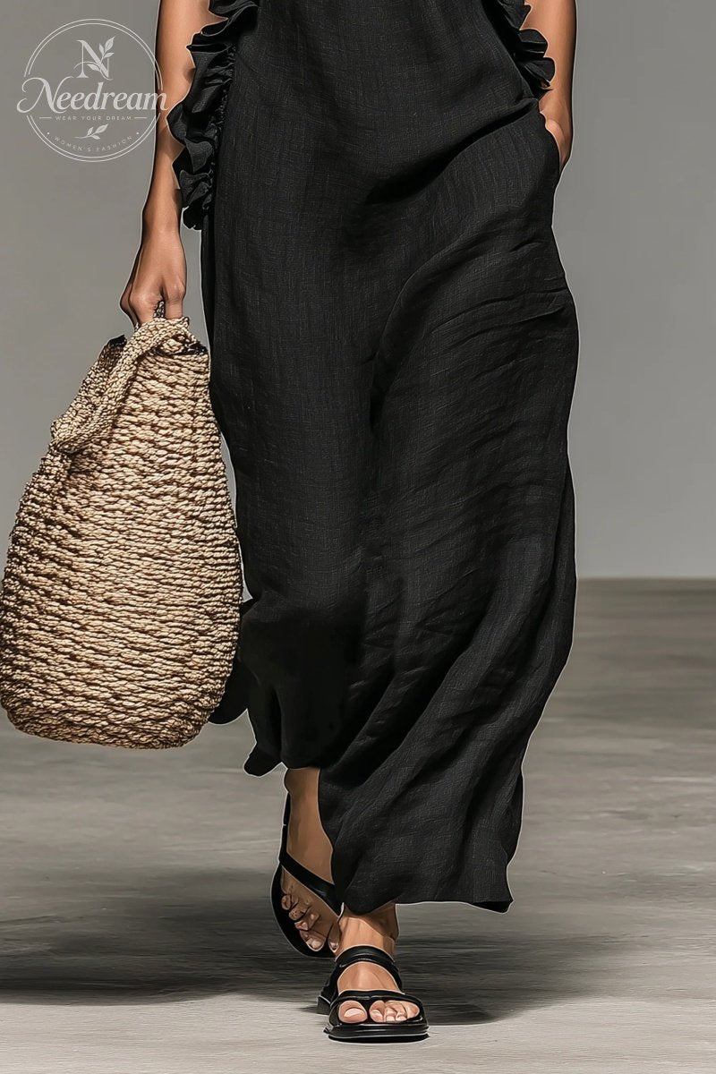 Women's Minimalist Linen-blend Sleeveless Maxi Dress With Ruffle Details