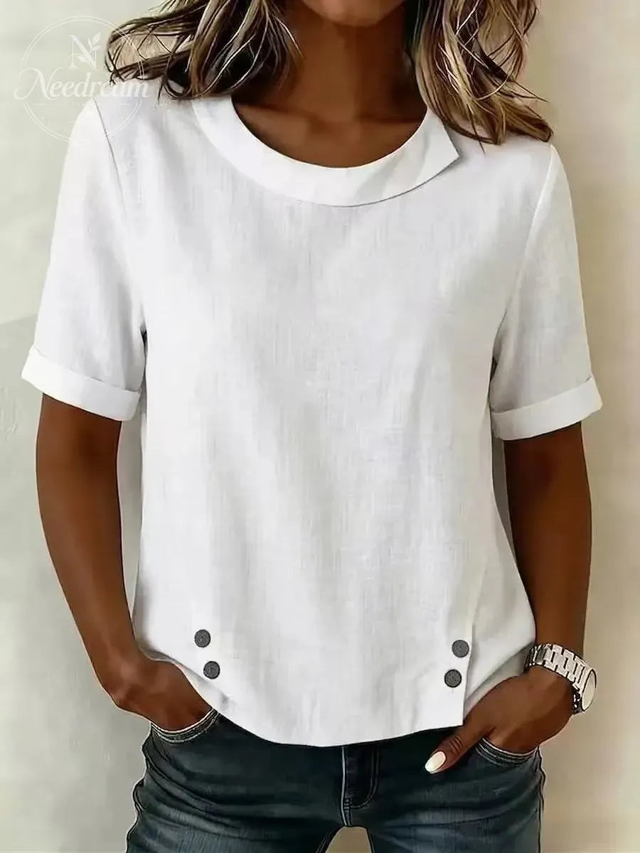 Cotton And Linen Plain Short Sleeve Round Neck Button Casual Top
