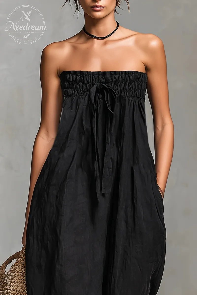 Women's Minimalist Loose-fitting Linen Blend Strapless Jumpsuit With Tie Closure