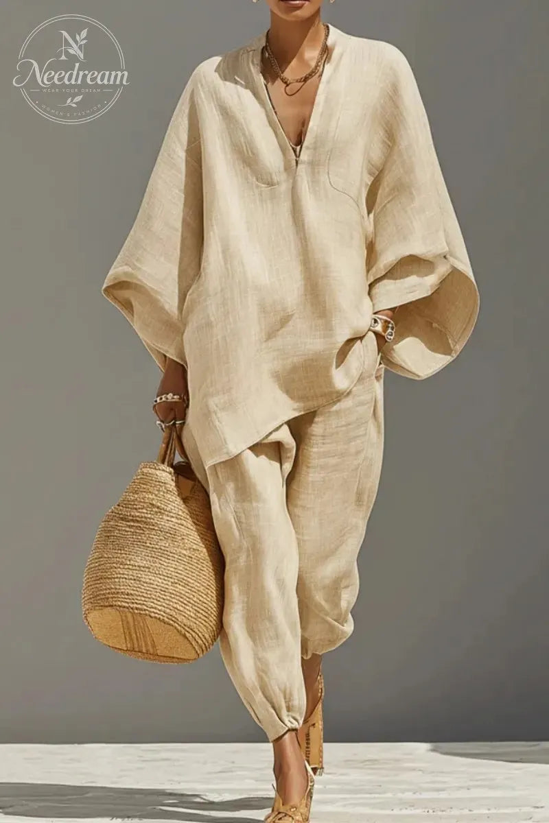 Women's Neutral Linen Set With Asymmetric Hem & Minimalist Design, Sophisticated Daily-Casual Style Set
