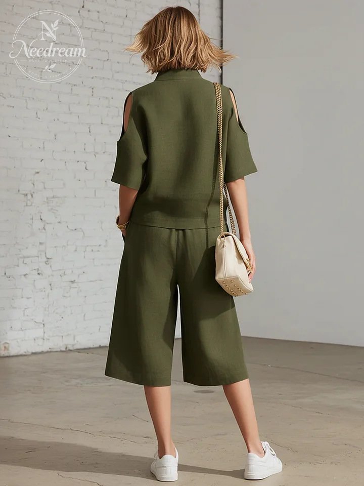 Stand-Up Collar Zipper Off-Shoulder Short-Sleeved Top And Cropped Wide-Leg Pants Two-Piece Set