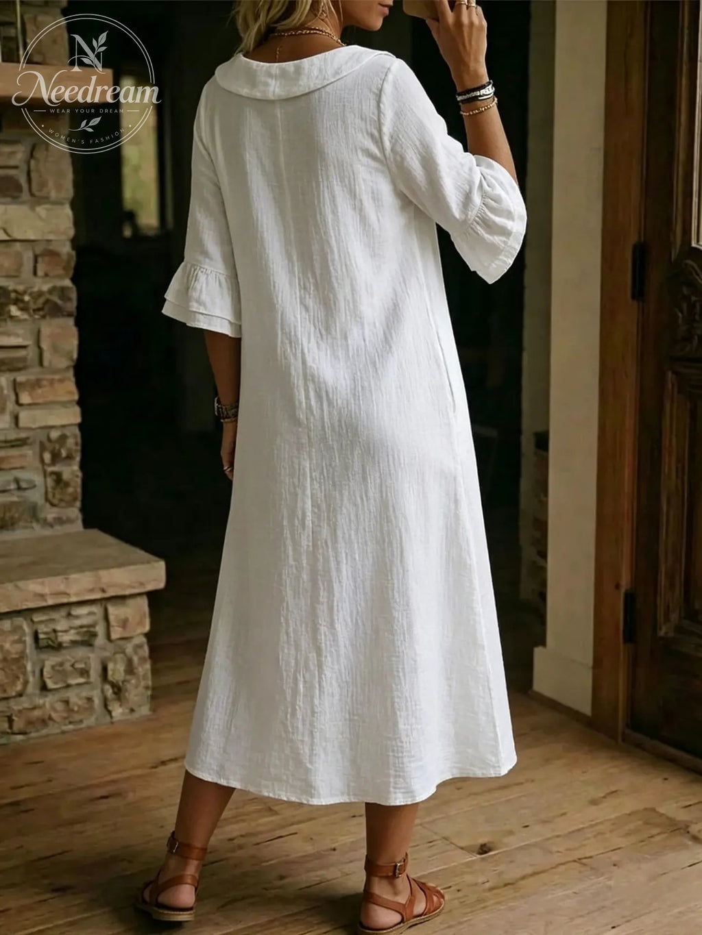 Cotton Linen Neck Ruffle Casual Dress