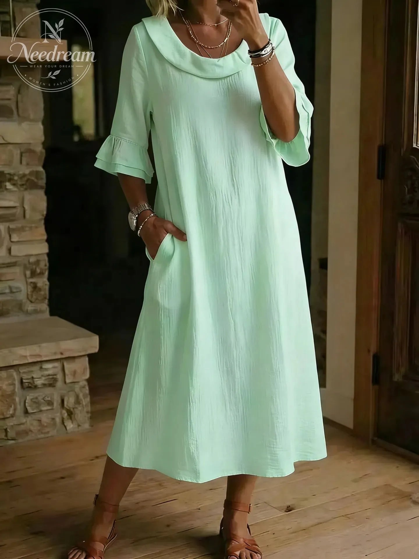 Cotton Linen Neck Ruffle Casual Dress