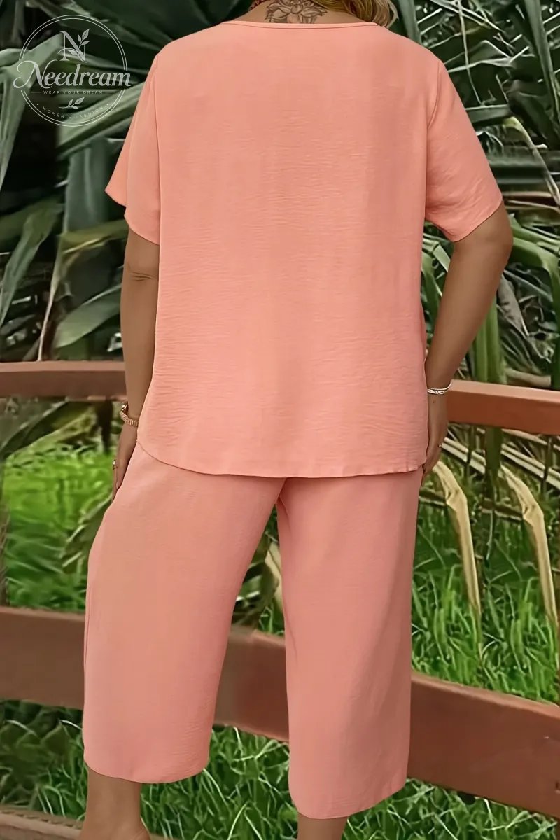 Elegant Plus Size Women's Solid Color Short Sleeve Fashion Top & Casual Wide Leg Pants Set