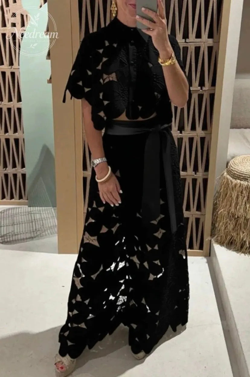 Two-Piece Set: Openwork Lace Cardigan Top And Wide-Leg Pants