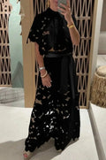 Two-Piece Set: Openwork Lace Cardigan Top And Wide-Leg Pants