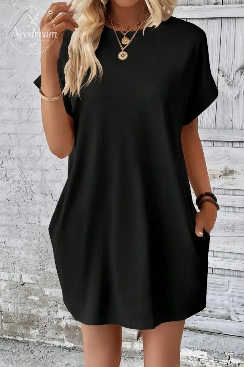Casual Minimalist Round Neck Roll Up Sleeve Dress