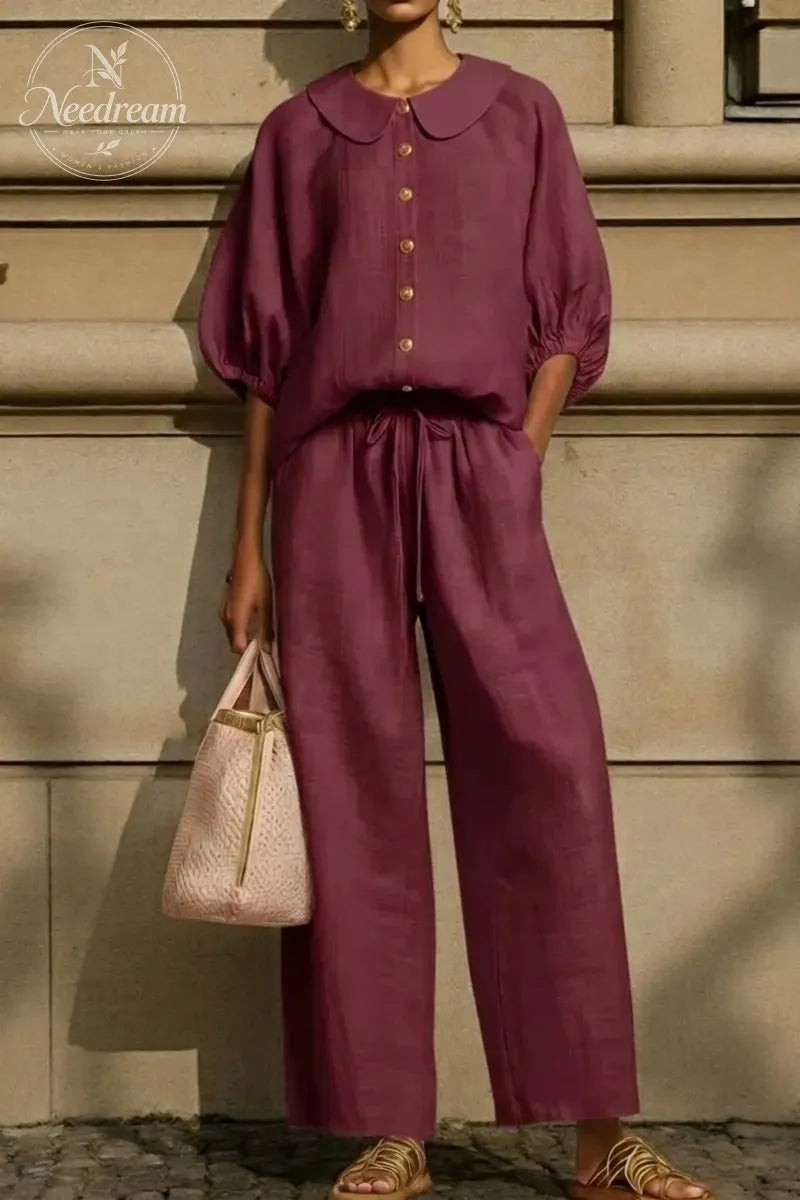 New Arrivals🔥Stylish Peter Pan Collar Shirt And Wide-leg Pant Linen Two-piece Set