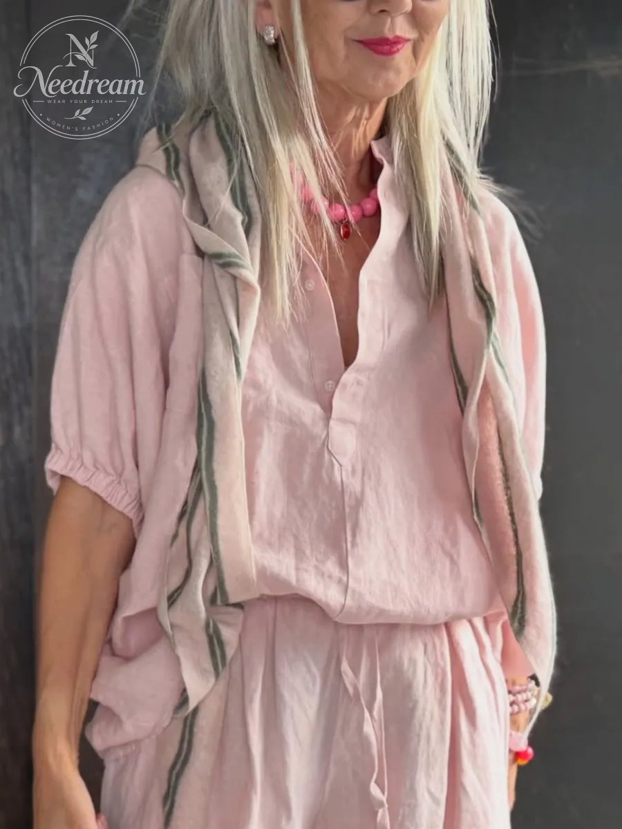 Women'S Loose-Fitting Pink Linen Set