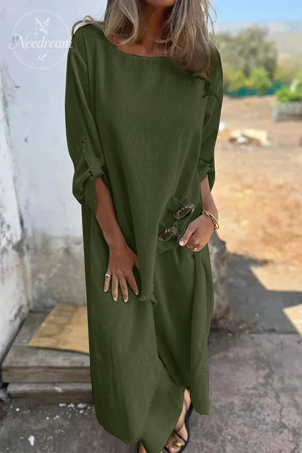 Women's Linen Blend Ring Detail Midi Blouse and Elastic Waist Pocketed Loose Pants Set