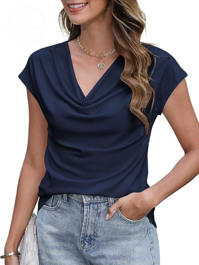 Women's Casual Solid-Color Short-Sleeve Top with Cowl Neck