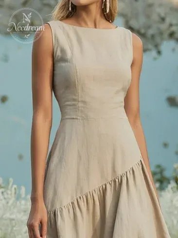 Maxi Cotton Dress , Sleeveless, Round Neck, Plain, Ruffles, French Vintage, Khaki