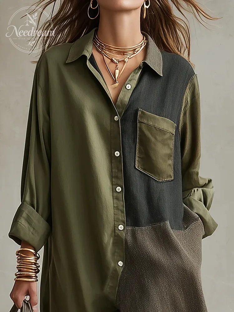 Refined Olive Color-Block Shirt Midi Dress