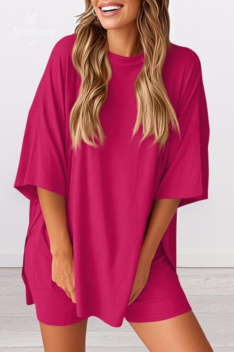 Women 2 Piece Outfits Crew Neck Oversized Tshirts and Biker Shorts with Pocket Matching Lounge Sets