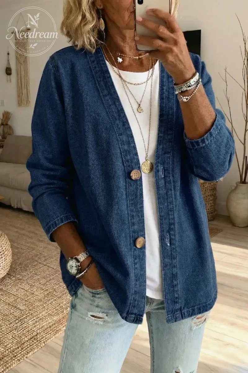 🧥 50% OFF NOW! ✨ Women's Classic Button Front Denim Jacket – V-Neck, Breathable Fabric & Relaxed Fit 💙