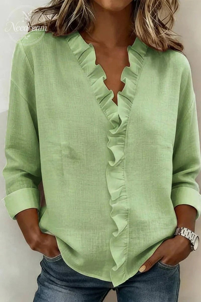 Ruffled V-Neck Long-Sleeved Cotton Shirt
