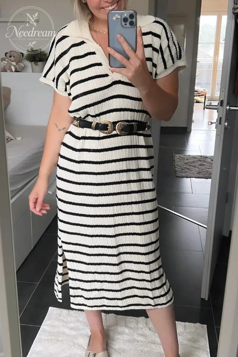 Womens Striped Summer Dresses Short Sleeve V Neck Knit Collared Sexy Slit Loose Maxi Sweater Dress