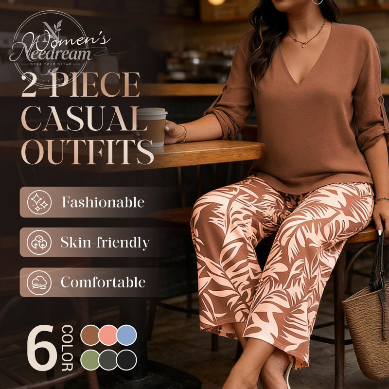 Women'S Suit: V-Neck Top And Printed Wide-Leg Pants
