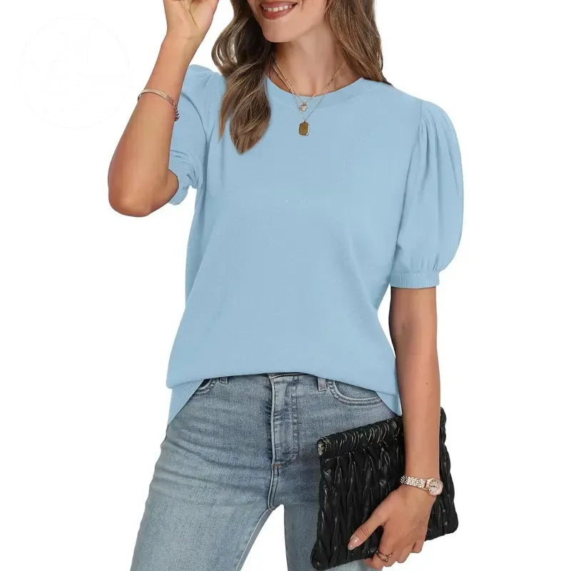 Women's Puff Short Sleeve  Lightweight Knit Top