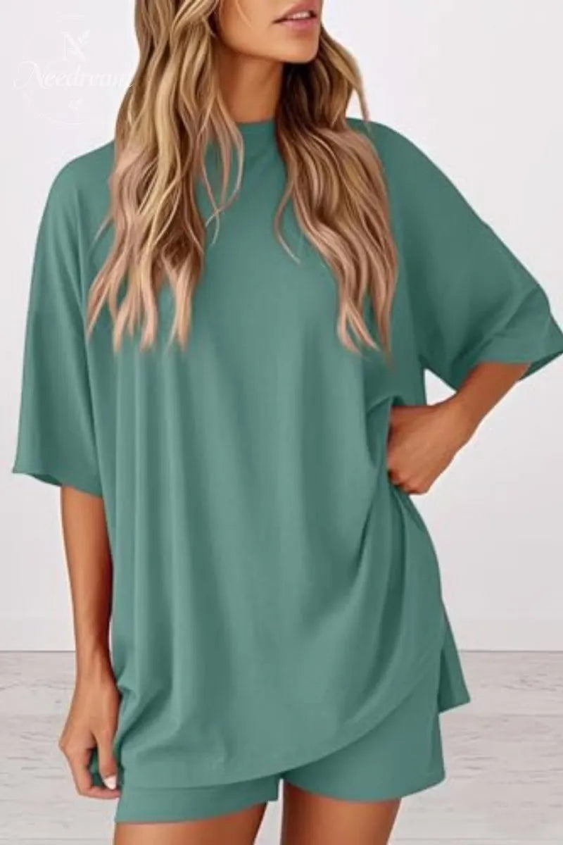 Women 2 Piece Outfits Crew Neck Oversized Tshirts and Biker Shorts with Pocket Matching Lounge Sets