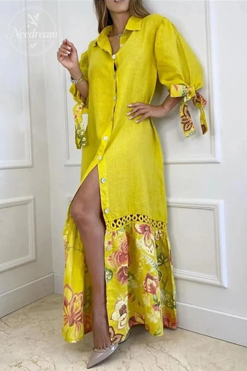 Rosedale Floral Print Crochet Lace Patchwork Shirt Dress