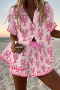 Summer Holiday Lobster Print Casual Two-piece Set