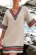 Greek Style V-neck Cotton And Linen Textured Pockets Dress