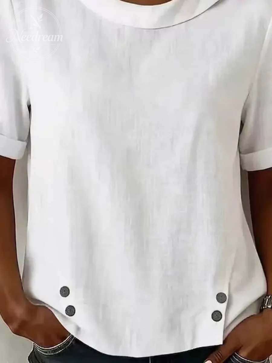Cotton And Linen Plain Short Sleeve Round Neck Button Casual Top